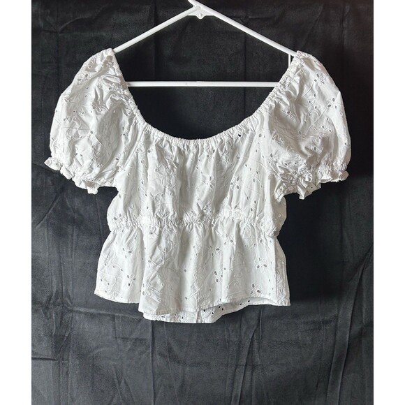 American Eagle Womens Small Eyelet Empire‎ Waist Puff Sleeve Crop White Top - Picture 7 of 7